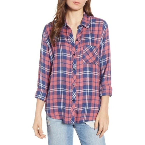 Rails Hunter Plaid Button Down Shirt Medium‎ Rust Indigo White Flannel Soft Fall - Picture 1 of 12